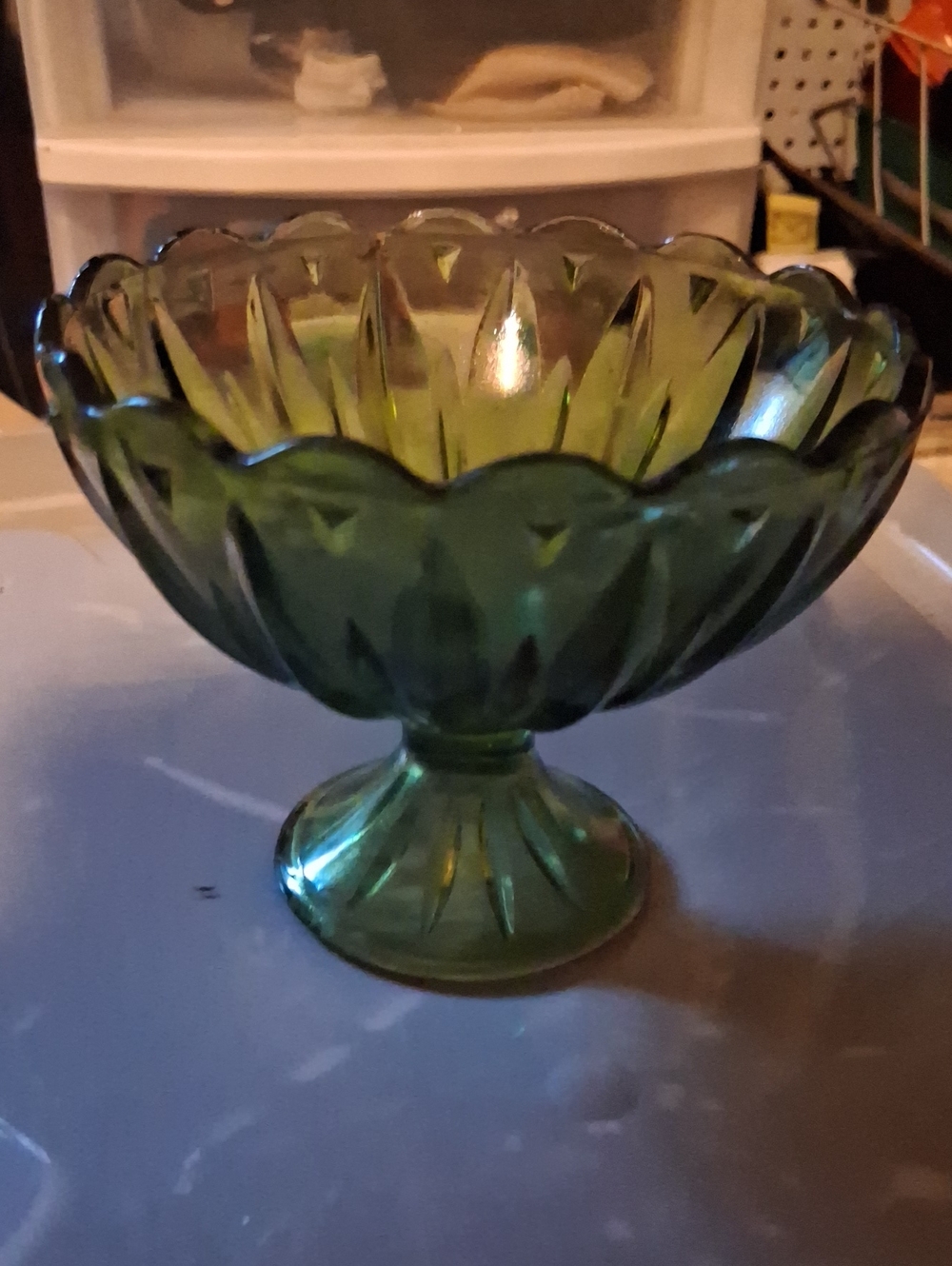 1970s Indiana Glass Co. Green Compote Candy Dish.